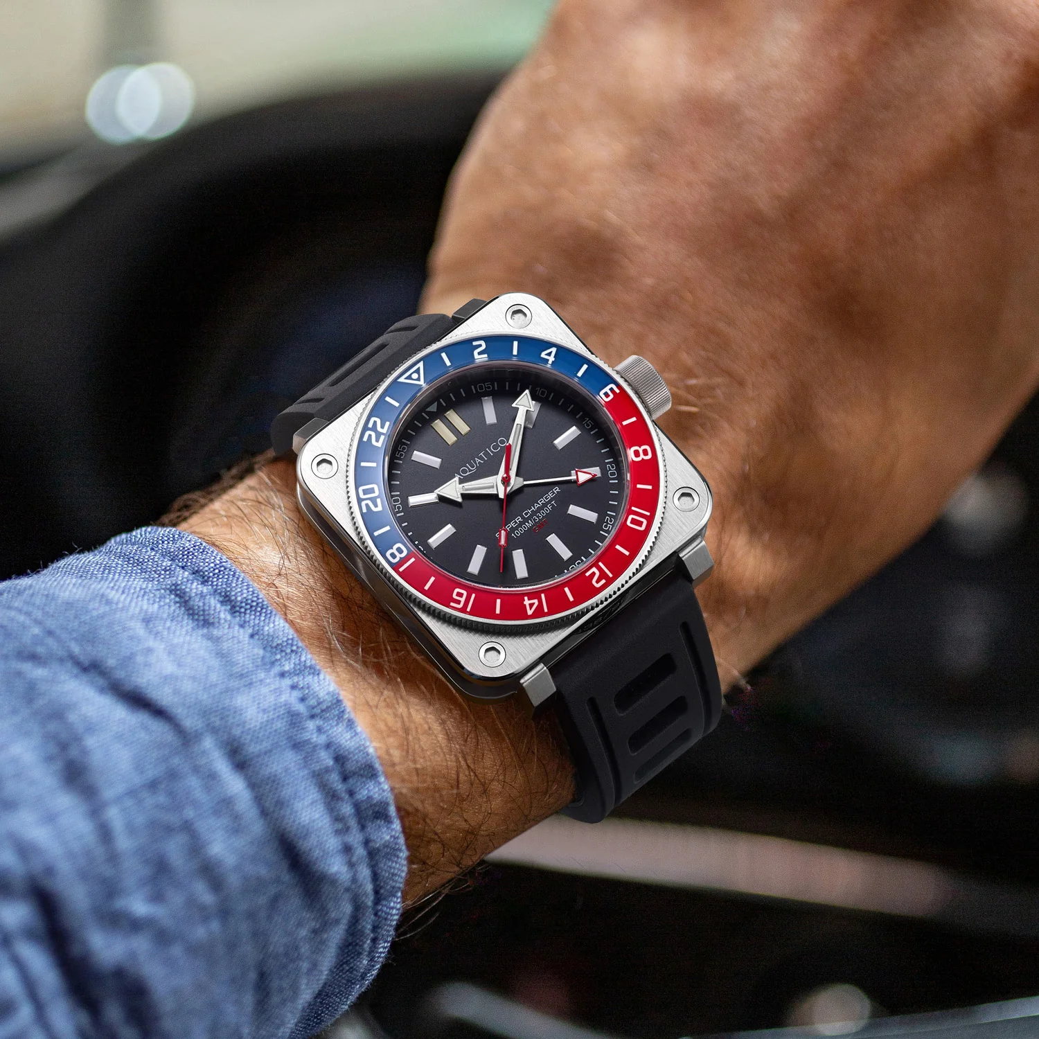 Aquatico Steel Man GMT Watch (Black Dial Pepsi Bezel) NO DATE thumbnail 3