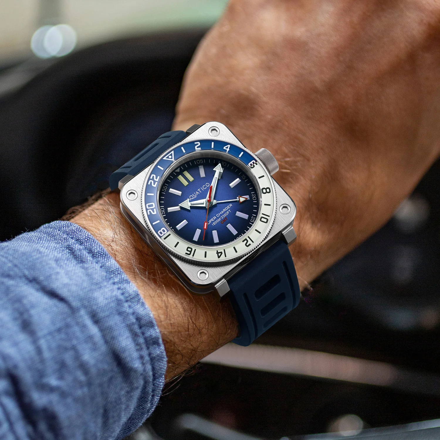Aquatico Steel Man GMT Watch (Blue Dial Blue/White Bezel) NO DATE thumbnail 2