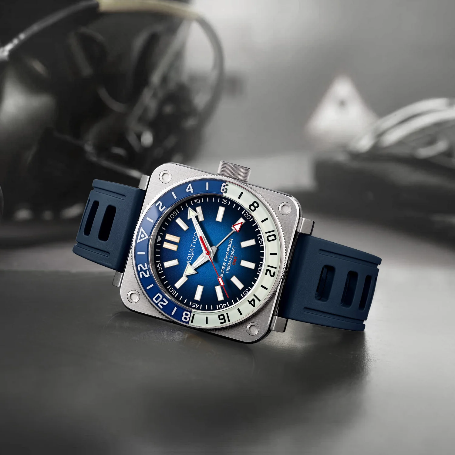Aquatico Steel Man GMT Watch (Blue Dial Blue/White Bezel) NO DATE thumbnail 4