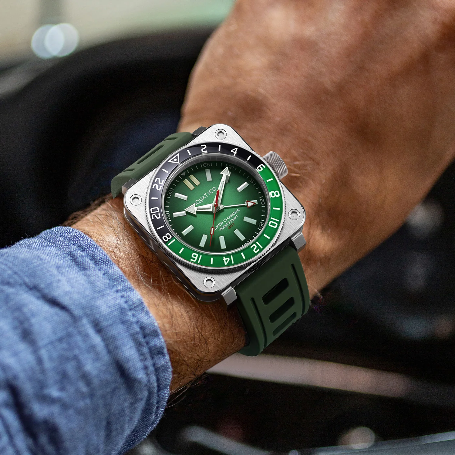 Aquatico Steel Man GMT Watch (Green Dial Green and Black Bezel) NO DATE thumbnail 3