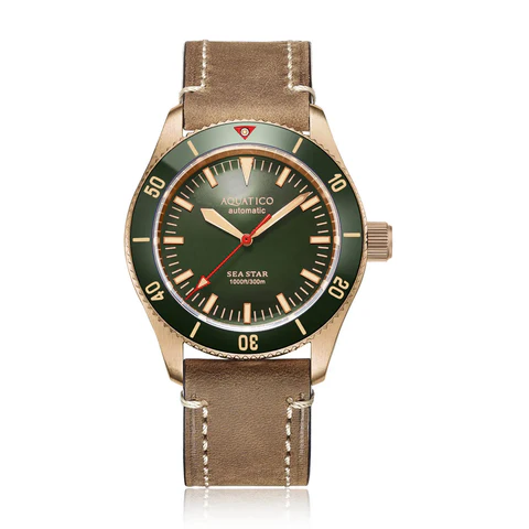 Bronze patina dive watch automatic for men under 500 AQUATICO