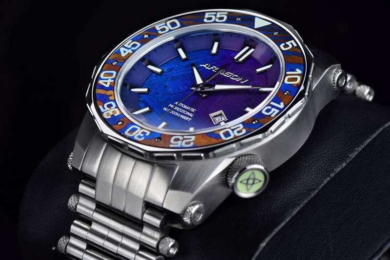 ARAGON Sea Charger Meteorite Swiss Automatic with Titanium Damascus Bezel LE (A515BLU) thumbnail 2