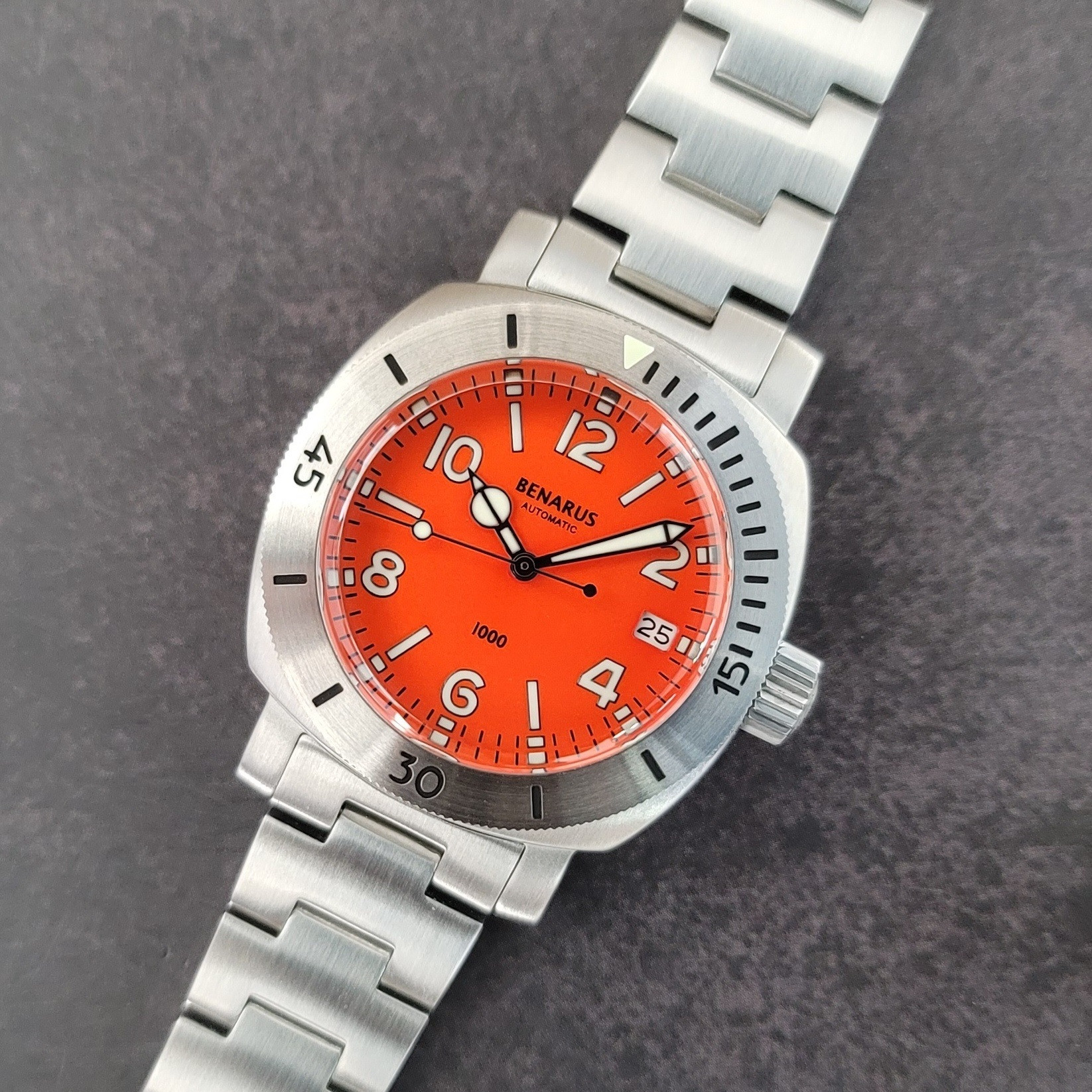 Moray 38 steel orange numbers dial C3 lume date thumbnail 2