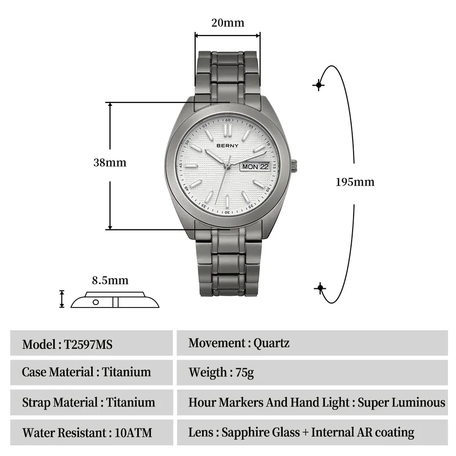 BERNY-Men Quartz Titanium Dress Watch-T2597MS thumbnail 2