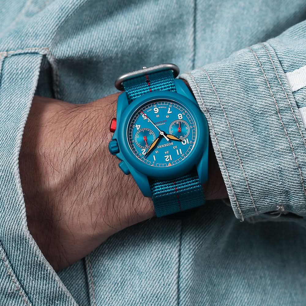 VOYAGER Chronograph - Titanium Mechanical Field Watch, 100M Water Resistant | Cerulean Blue thumbnail 3