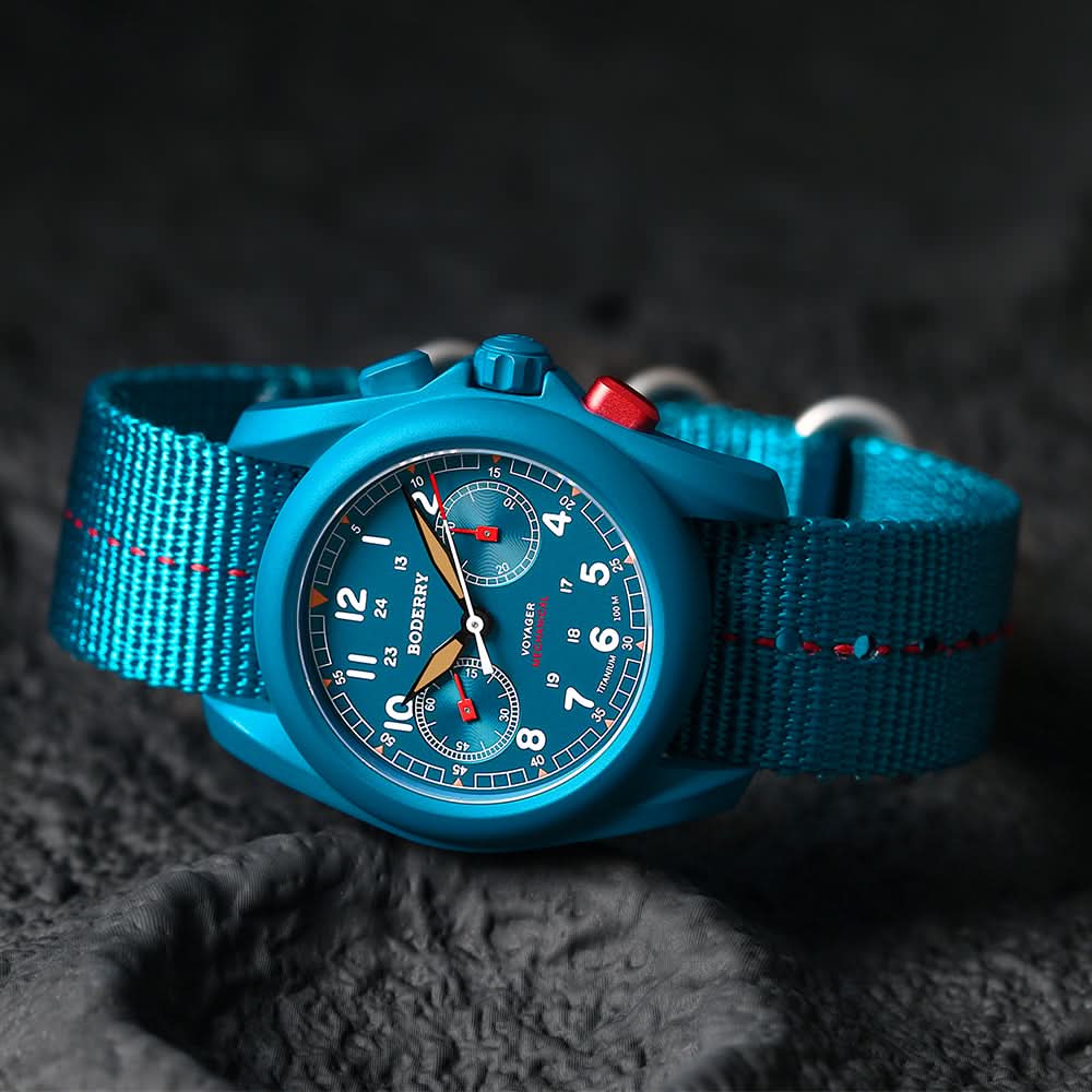 VOYAGER Chronograph - Titanium Mechanical Field Watch, 100M Water Resistant | Cerulean Blue thumbnail 4