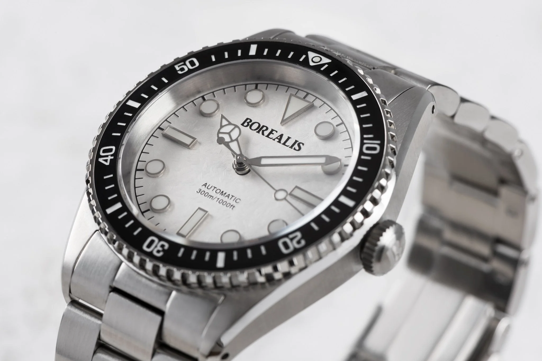 Borealis Bull Shark V2 White Dial Mercedes Hands no Date Black Ceramic Bezel BBSV2AE
