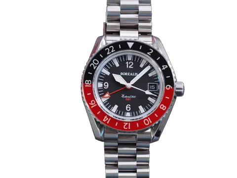 Borealis Estoril 300 GMT Black Dial Arabic Numbers Black Red Bezel Date Version K