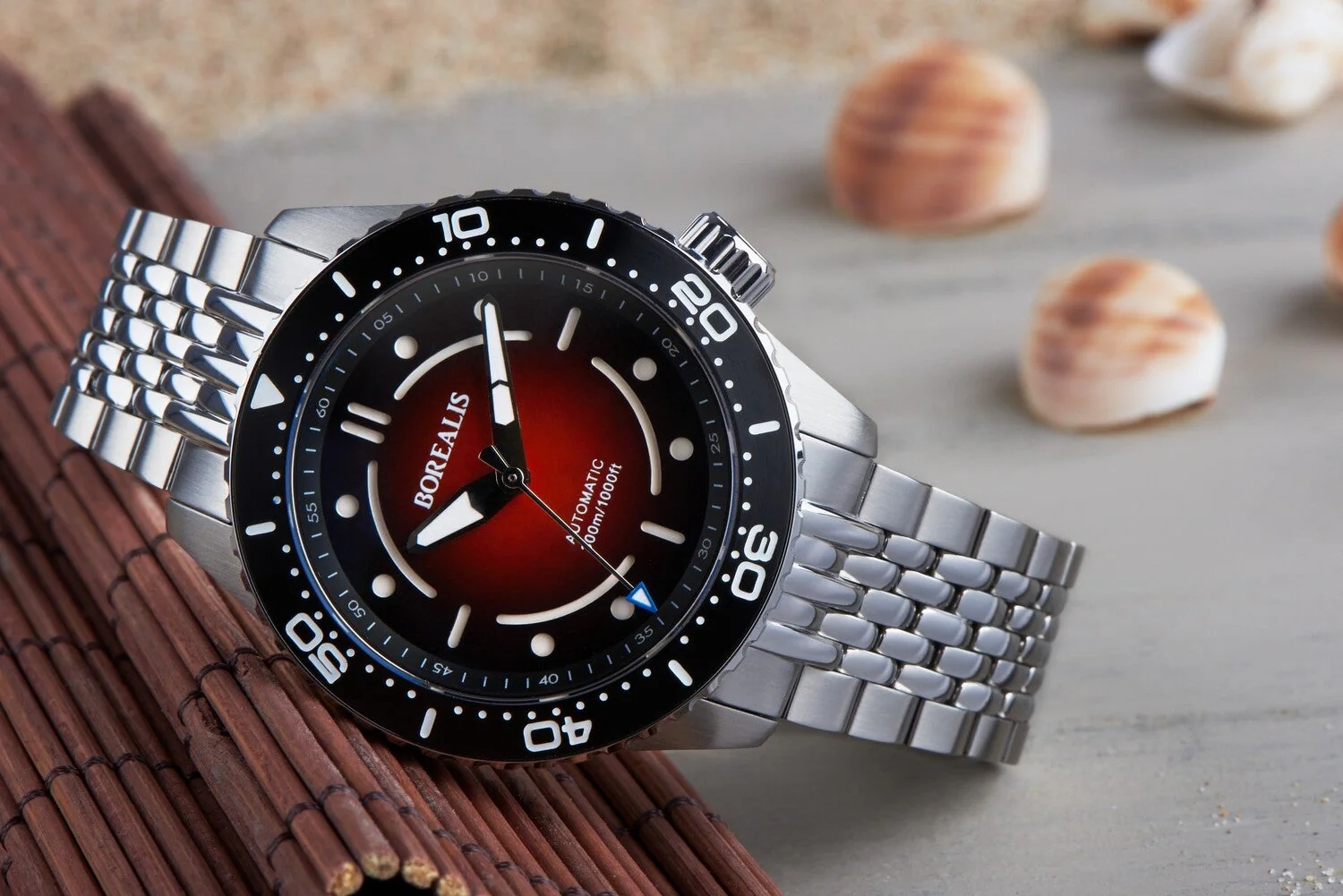 Borealis Neptuno Red Fade to Black Dial No Date NH38 Automatic Movement 300m Diver Watch