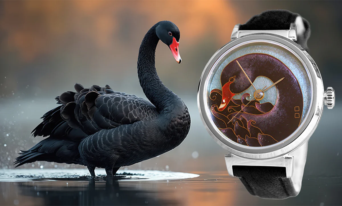 Cloisonné Black Swan by Merry-Lee Rae - 38mm Swiss Automatic thumbnail 2