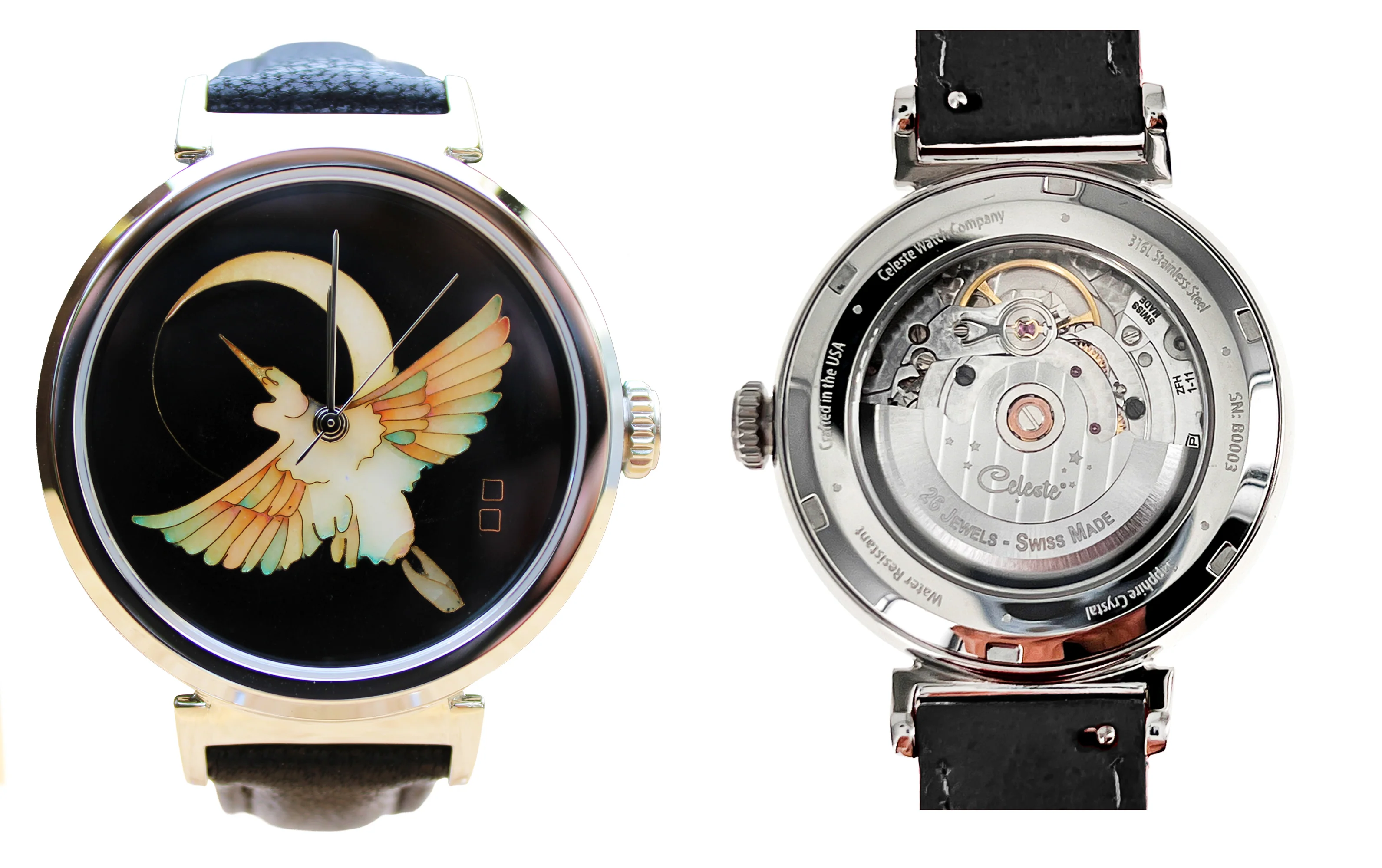 Cloisonné New Moon Egret by Merry-Lee Rae - 38mm Swiss Automatic thumbnail 3