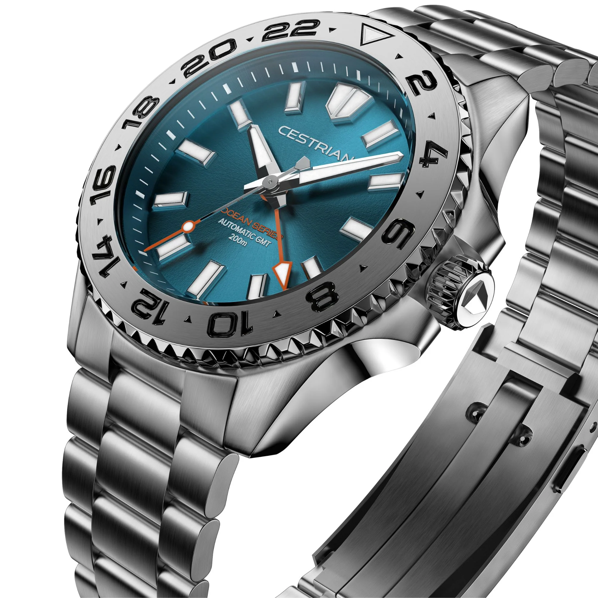 Cestrian Ocean Series GMT 42mm Tropical Blue Dial Steel Bracelet Automatic Men's Watch thumbnail 2