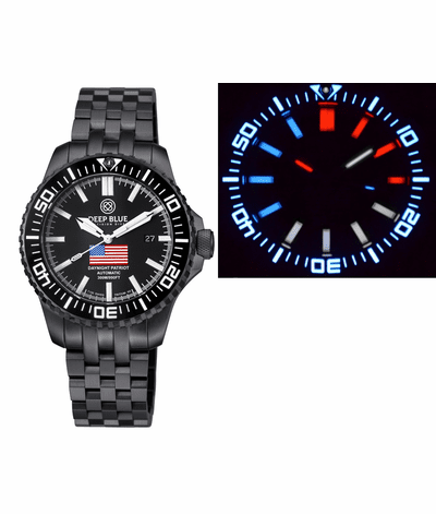 DAYNIGHT PATRIOT USA PVD BLACK CASE TRITIUM TUBES T-100 BLACK DIAL USA FLAG RED,WHITE, BLUE TRITIUM TUBES