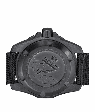DAYNIGHT STEALTH OPS CARBON CASE BLACK DIAL BLUE /YELLOW FLAT TRITIUM TUBES AUTOMATIC WATCH SCREW DOWN CROWN thumbnail 4