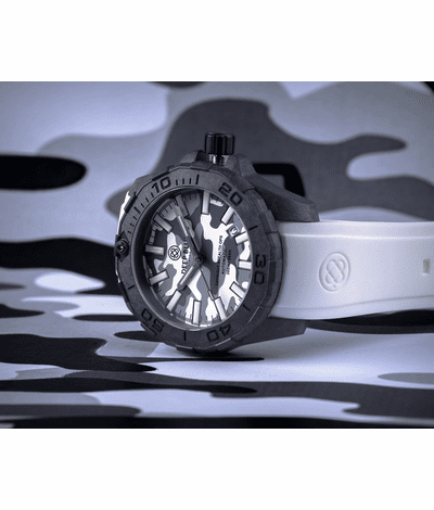 DAYNIGHT STEALTH OPS CARBON CASE WHITE GREY CAMO DIAL BLUE /YELLOW FLAT TRITIUM TUBES AUTOMATIC WATCH SCREW DOWN CROWN thumbnail 4