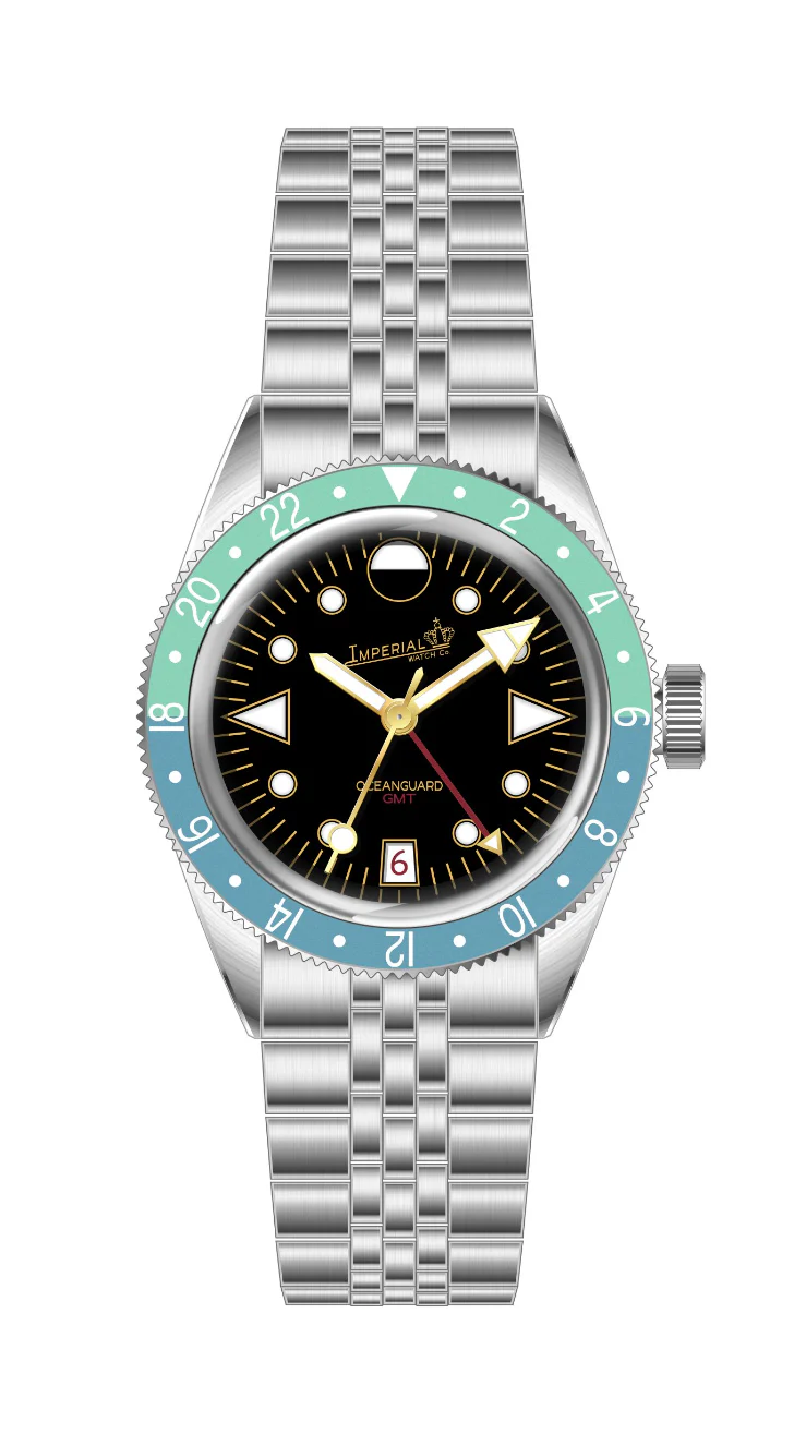 Oceanguard GMT - Jet Black w/ Coral and Turquoise Bezel
