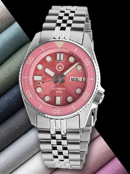 Islander 38mm Automatic Pink Dive Watch with Solid-Link Bracelet, AR Double Dome Sapphire Crystal, and Luminous Sapphire Bezel Insert #ISL-52 thumbnail 4