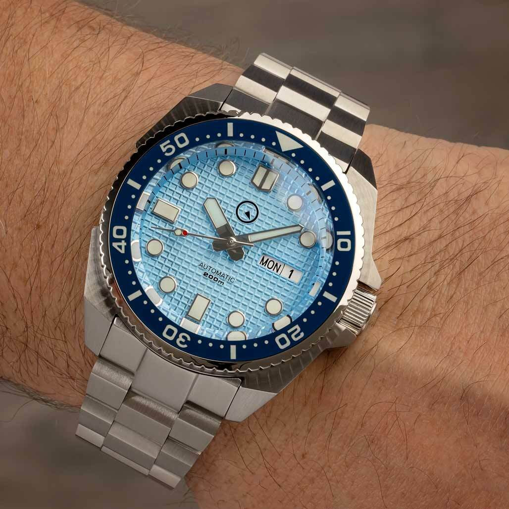 Islander Ice Blue Waffle Dial Automatic Dive Watch with AR DD Sapphire Crystal, and Luminous Ceramic Bezel Insert #ISL-67 thumbnail 2