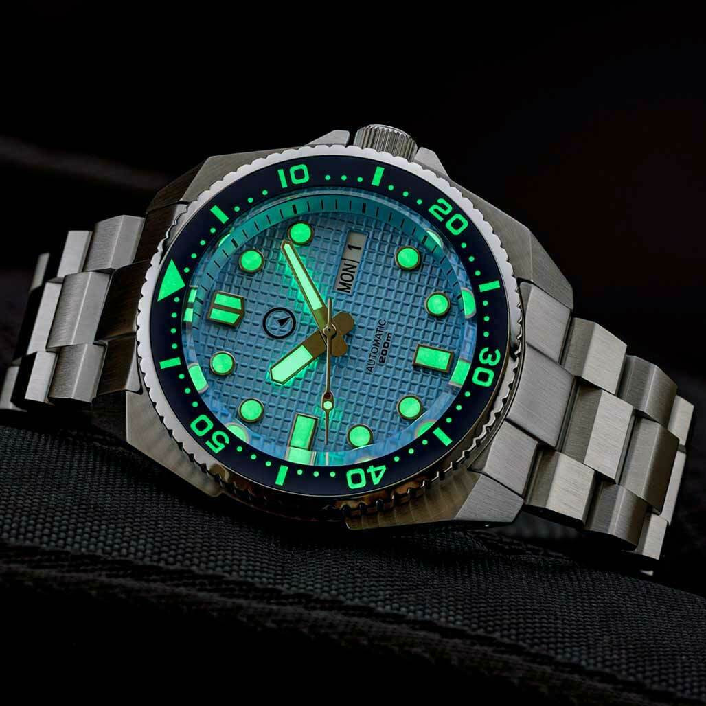 Islander Ice Blue Waffle Dial Automatic Dive Watch with AR DD Sapphire Crystal, and Luminous Ceramic Bezel Insert #ISL-67 thumbnail 4