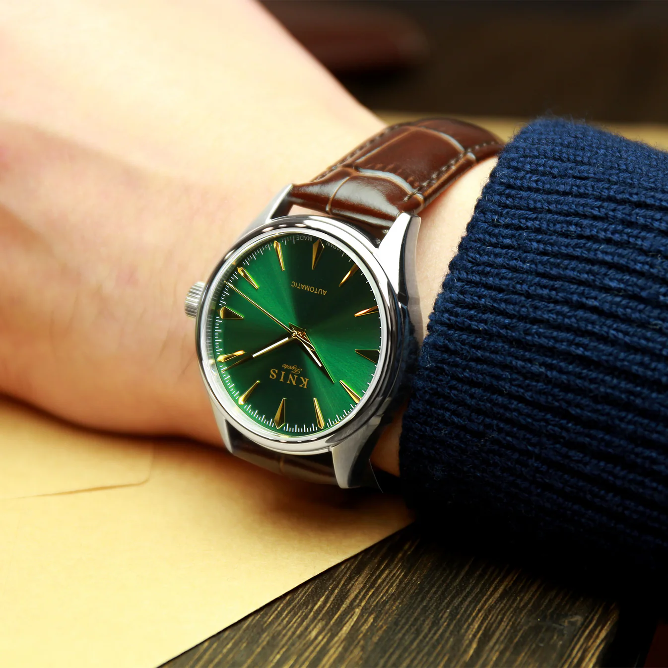KNIS Sunray Dial Automaticï¼Green / Brown Leather Strap (KN001-GRBRLE) thumbnail 2