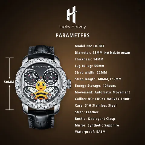 Bee Automatic Watch Round Shaped Case Luminous Lucky Harvey