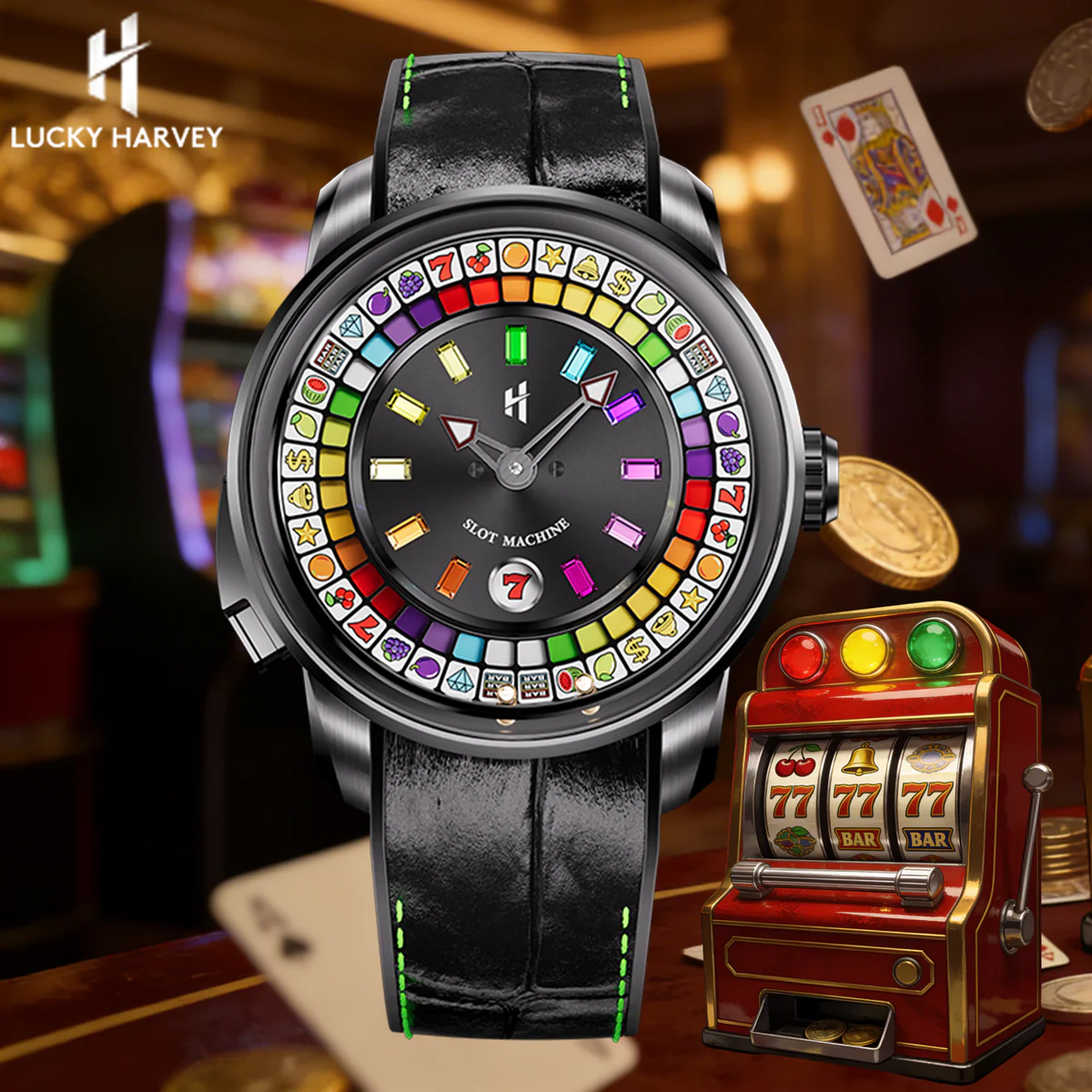 ã€Limited 100pcsã€Lucky Harvey Player Series Gemstone Hour Markers Black Slot Machine Watch thumbnail 4