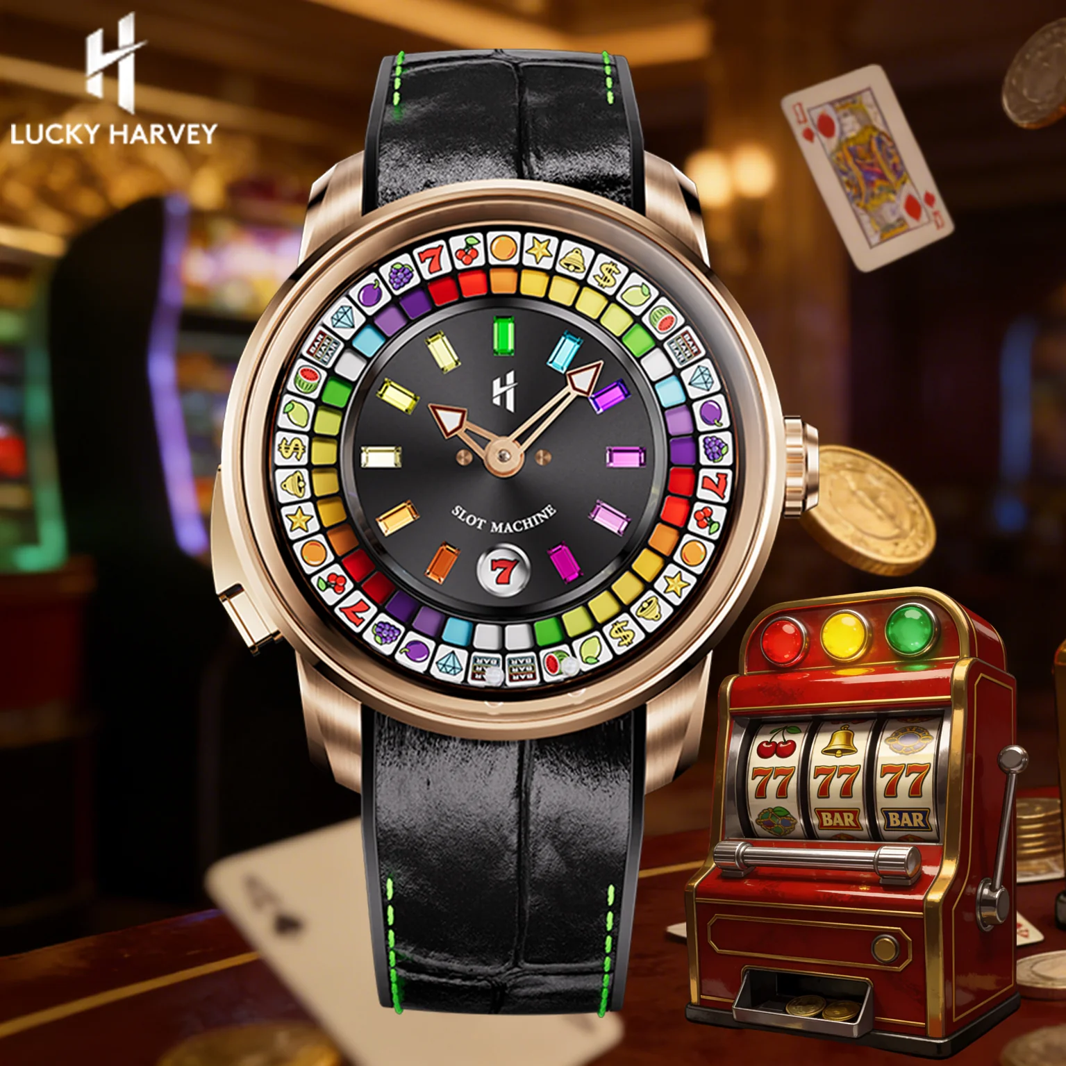 ã€Limited 100pcsã€Lucky Harvey Player Series Gemstone Hour Markers Gold Slot Machine Watch thumbnail 3