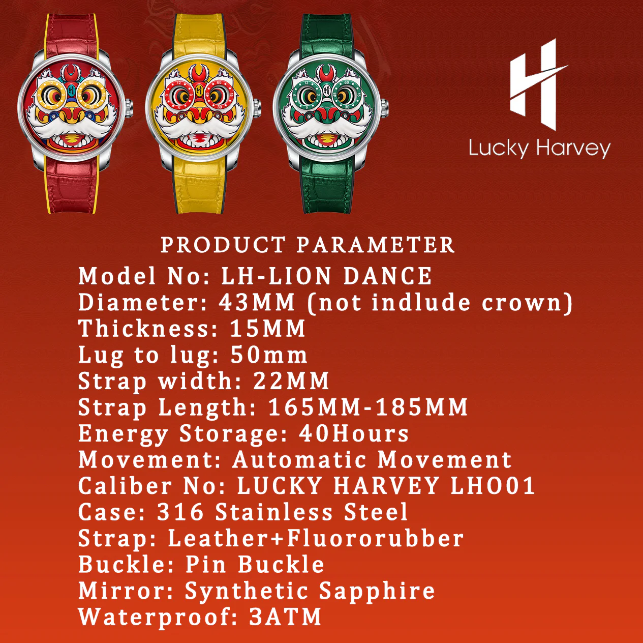 Red Lion Dance Moving Eye Automatic LH001 Movement Luminous Watch For Men Lucky Harvey