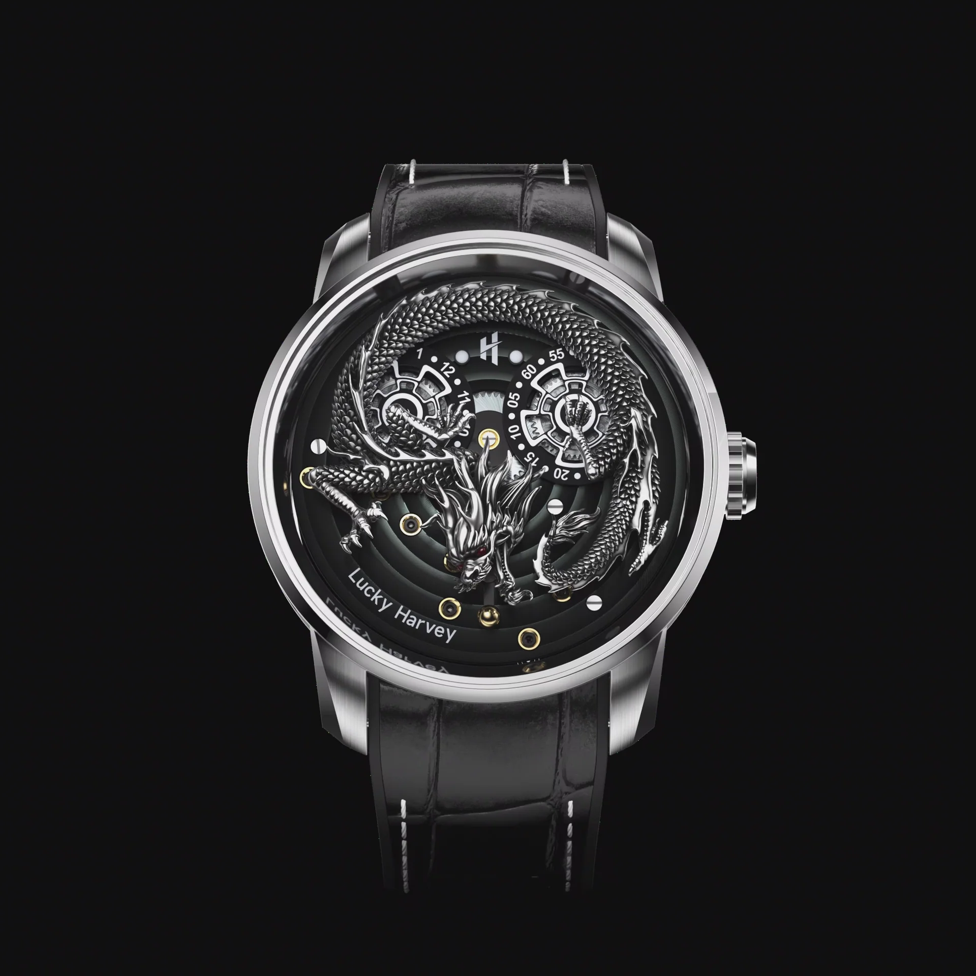 Silver Dragon Automatic Watch Spit Out Gold Bead Luminous Lucky Harvey thumbnail 2