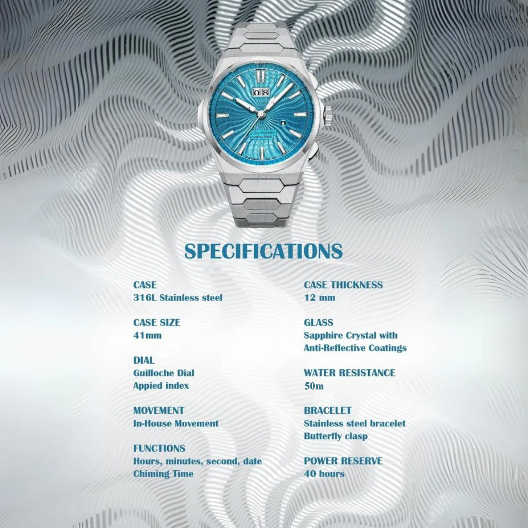 Lucky Harvey Sound of Nature Wave Guilloché Chiming Watch 1.0 Light Blue Dial Big Date – Limited Edition of 300 thumbnail 2