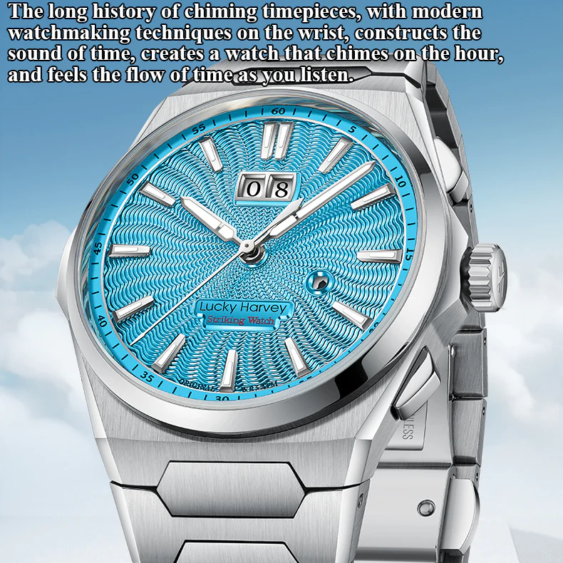Lucky Harvey Sound of Nature Wave Guilloché Chiming Watch 1.0 Light Blue Dial Big Date – Limited Edition of 300 thumbnail 4