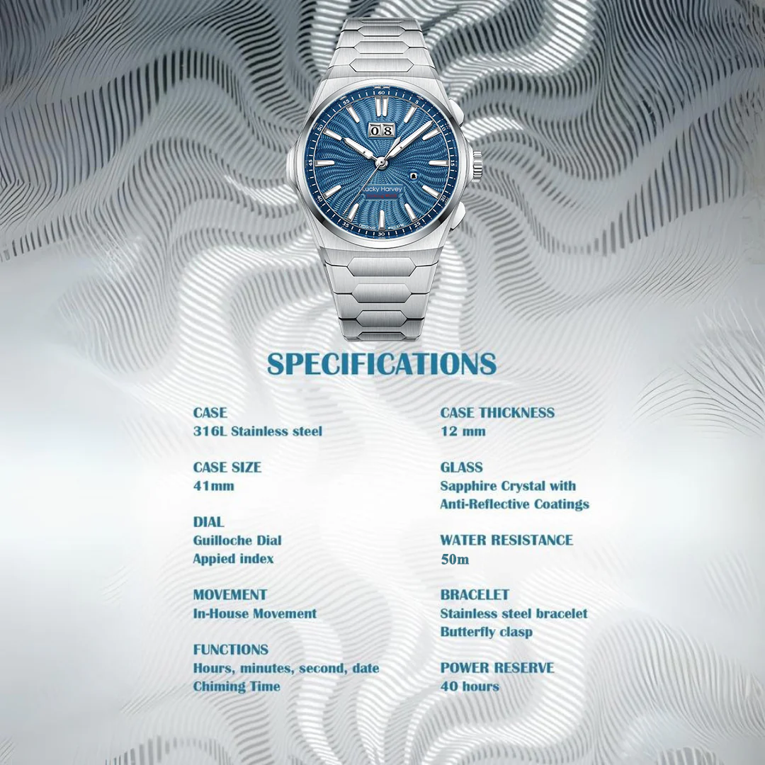 Lucky Harvey Sound of Nature Wave Guilloché Chiming Watch 1.0 Ocean Blue Dial Big Date – Limited Edition of 300 thumbnail 3