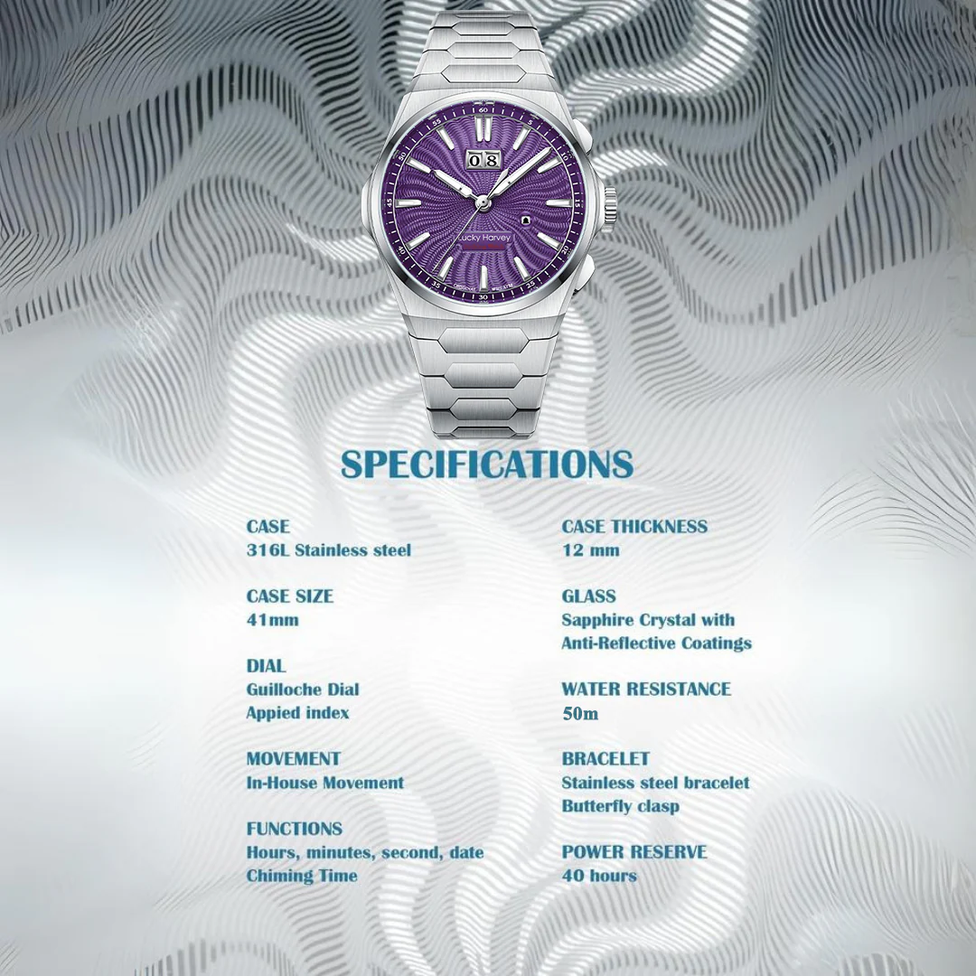 Lucky Harvey Sound of Nature Wave Guilloché Chiming Watch 1.0 Purple Dial Big Date – Limited Edition of 300 thumbnail 3