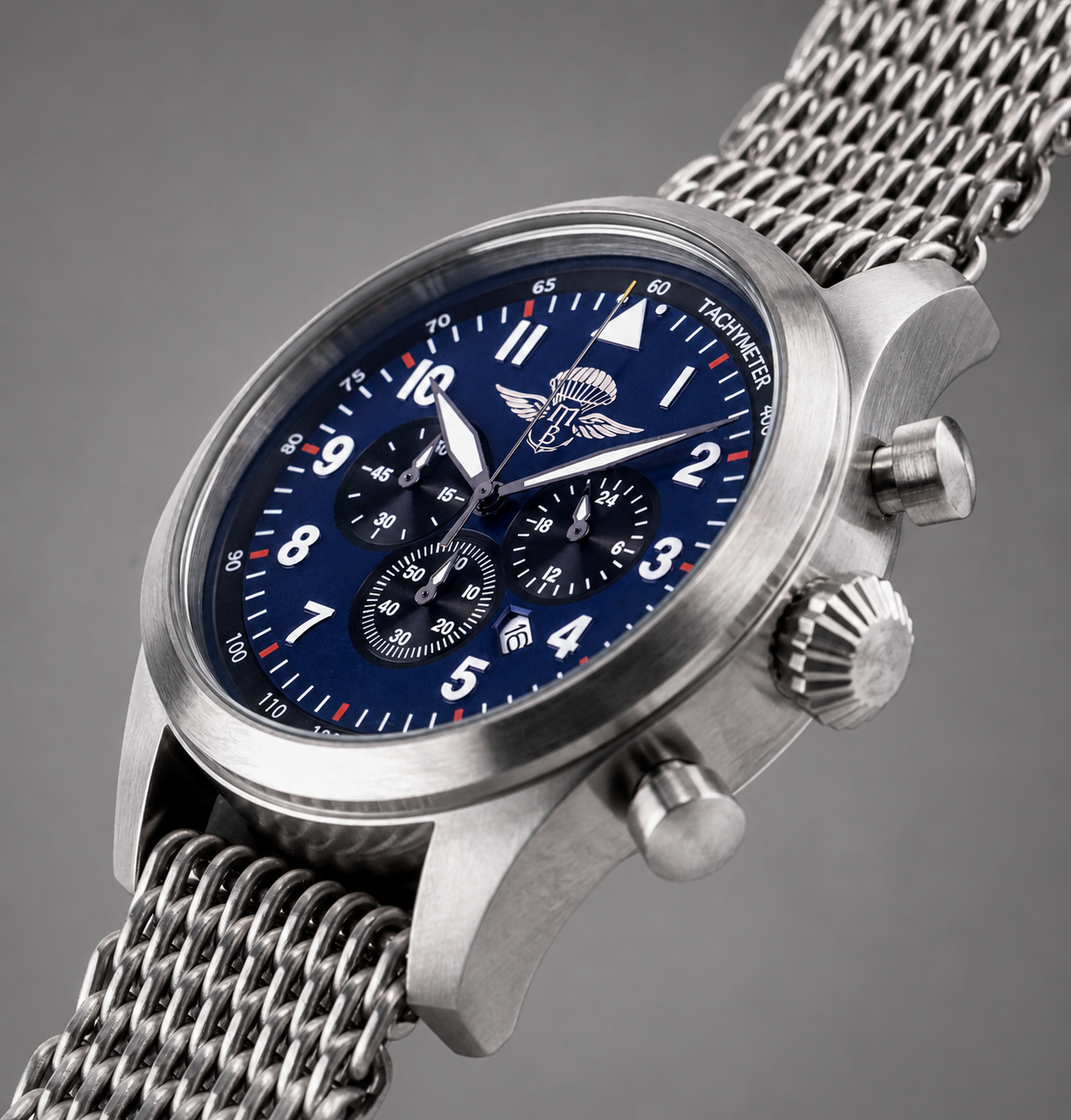Crono Aviatore Acciaio Quadrante Blu Bracciale Maglia Milano thumbnail 3
