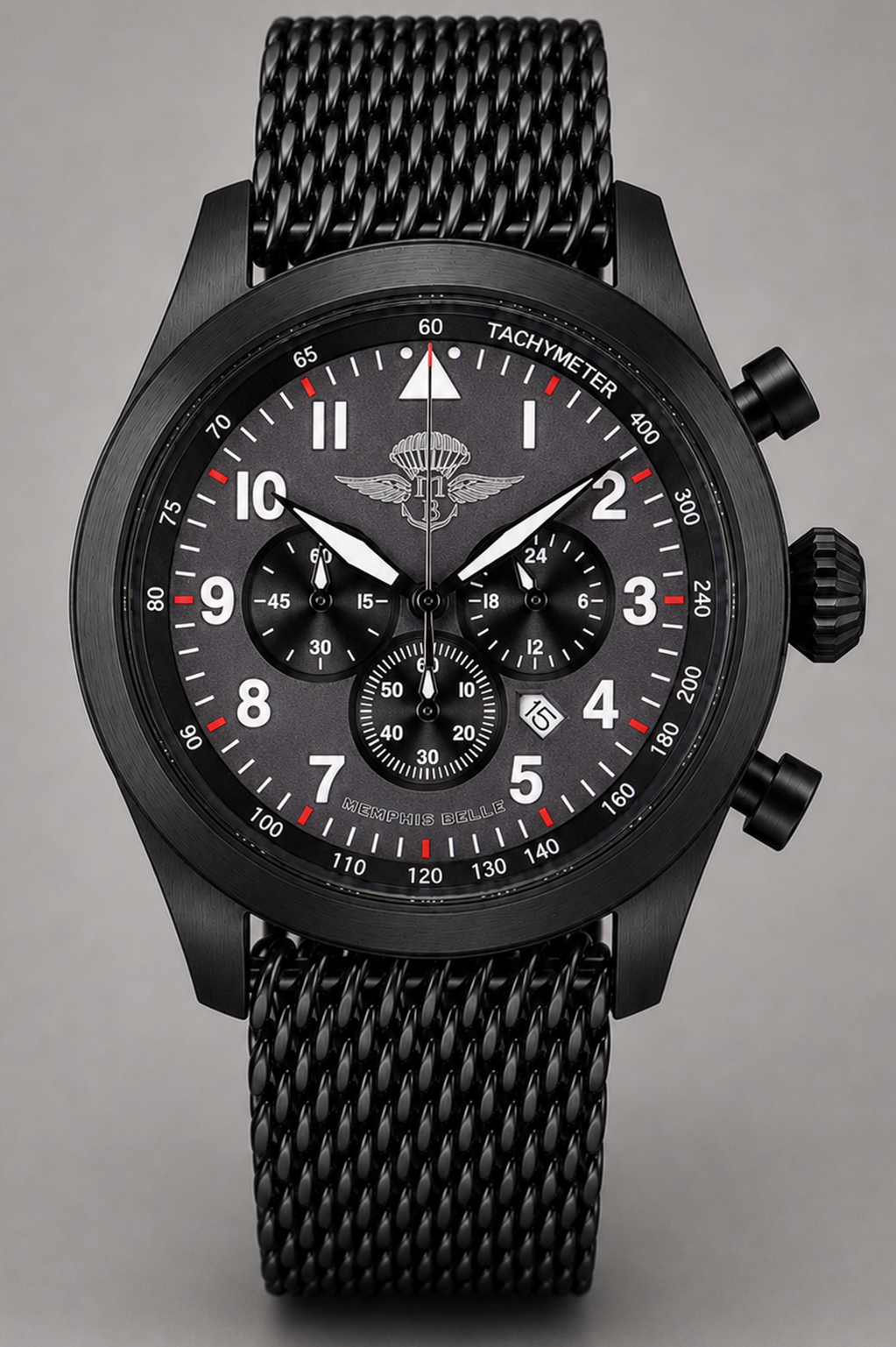Crono Aviatore Nero Pvd Quadrante Nero Bracciale Maglia Milano thumbnail 2