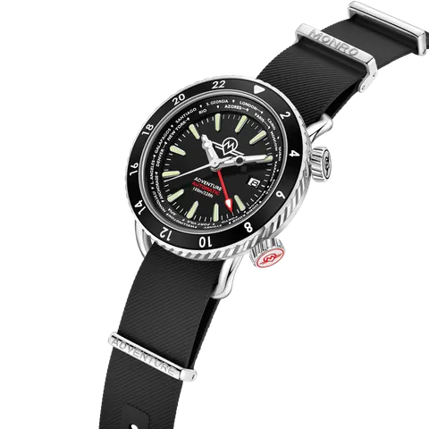 MONRO ADVENTURE MA-1 URBAN BLACK, Automatic GMT Worldtimer, 44mm Stainless Steel, Black Dial