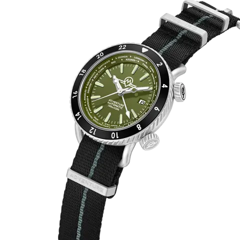 MONRO ADVENTURE MA-4 WOODLAND GREEN, Automatic GMT Worldtimer, 44mm Stainless Steel, Green Dial