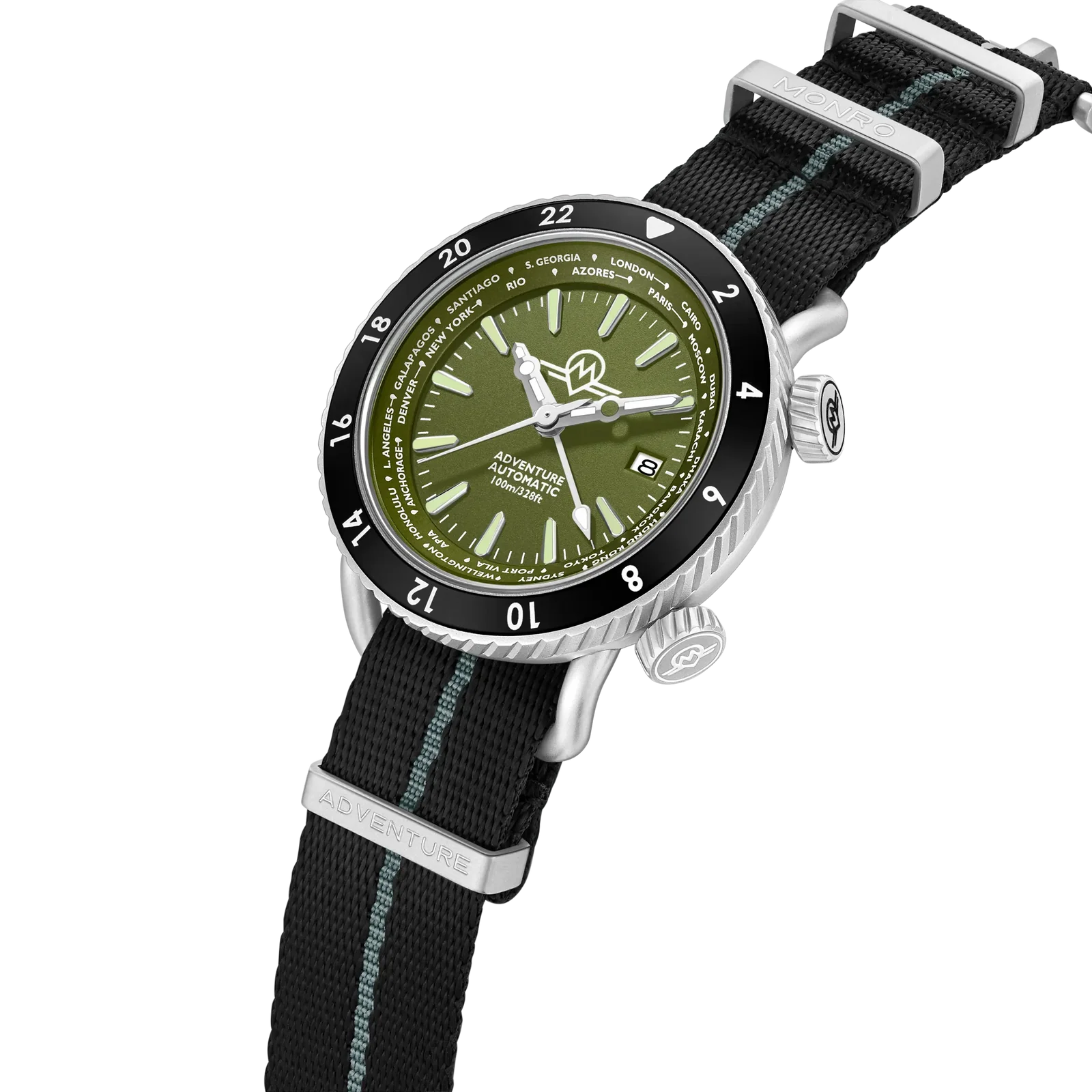 MONRO ADVENTURE MA-4 WOODLAND GREEN, Automatic GMT Worldtimer, 44mm Stainless Steel, Green Dial