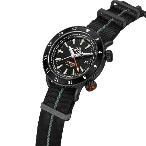 MONRO ADVENTURE MA-5 URBAN BLACK X, Automatic GMT Worldtimer, 44mm Stainless Steel, Black Dial