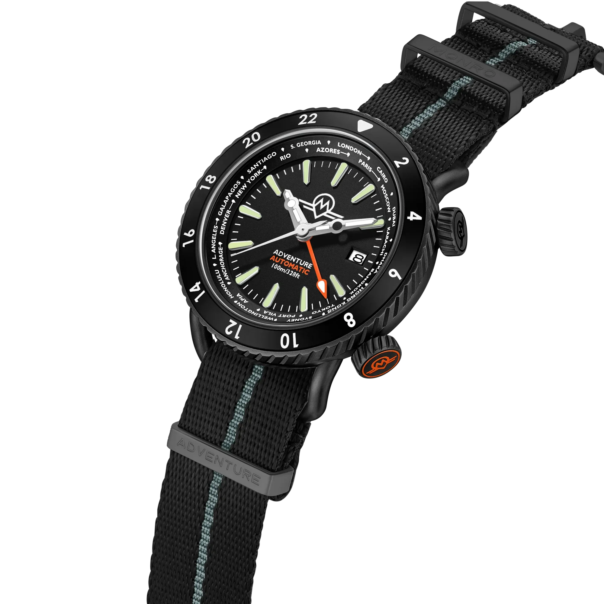 MONRO ADVENTURE MA-5 URBAN BLACK X, Automatic GMT Worldtimer, 44mm Stainless Steel, Black Dial