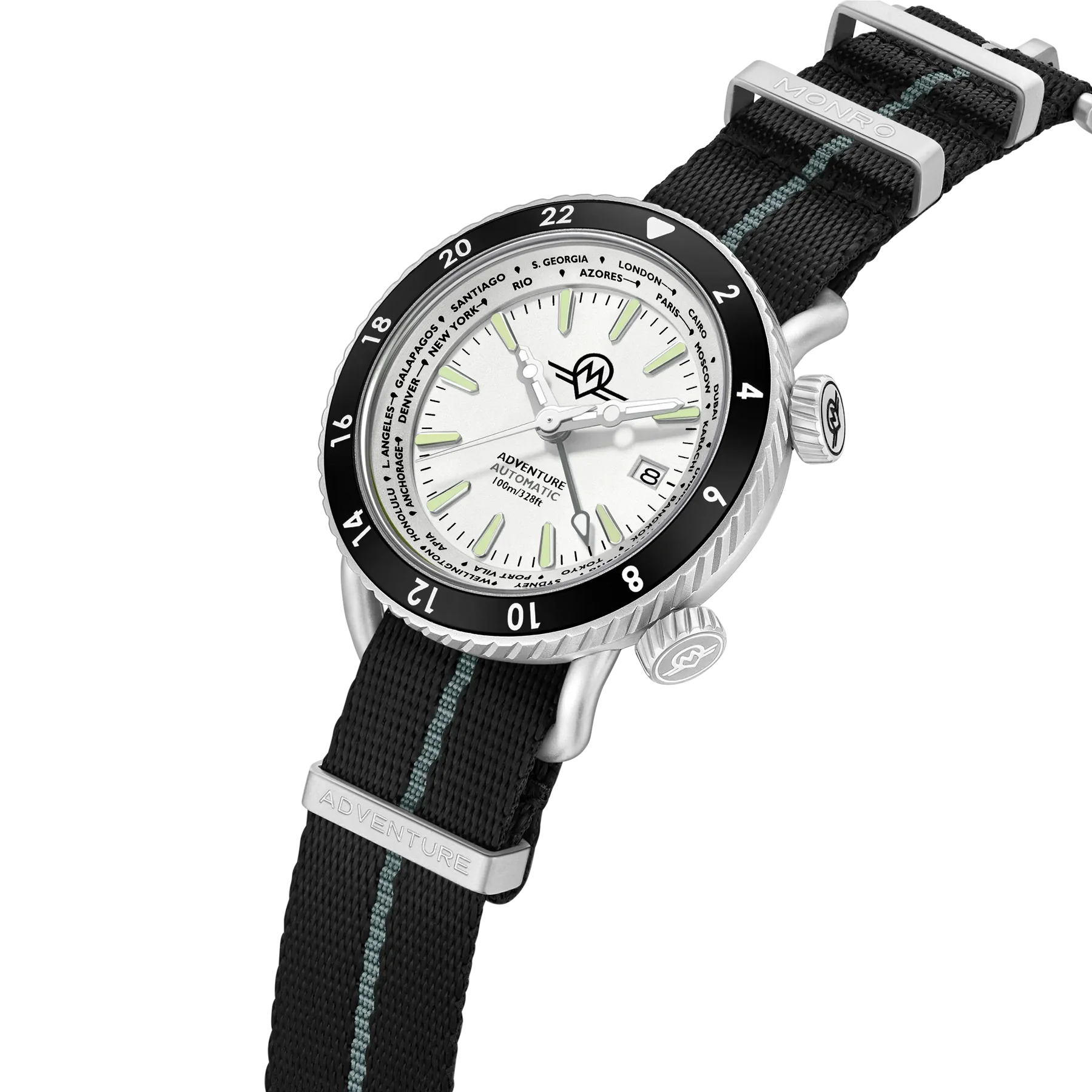 MONRO ADVENTURE MA-6 ARCTIC WHITE, Automatic GMT Worldtimer, 44mm Stainless Steel, White Dial