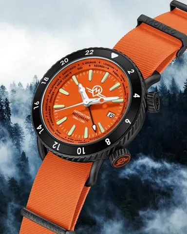 MONRO ADVENTURE MA-7 NIGHT FIRE, Automatic GMT Worldtimer, 44mm Stainless Steel, Orange Dial