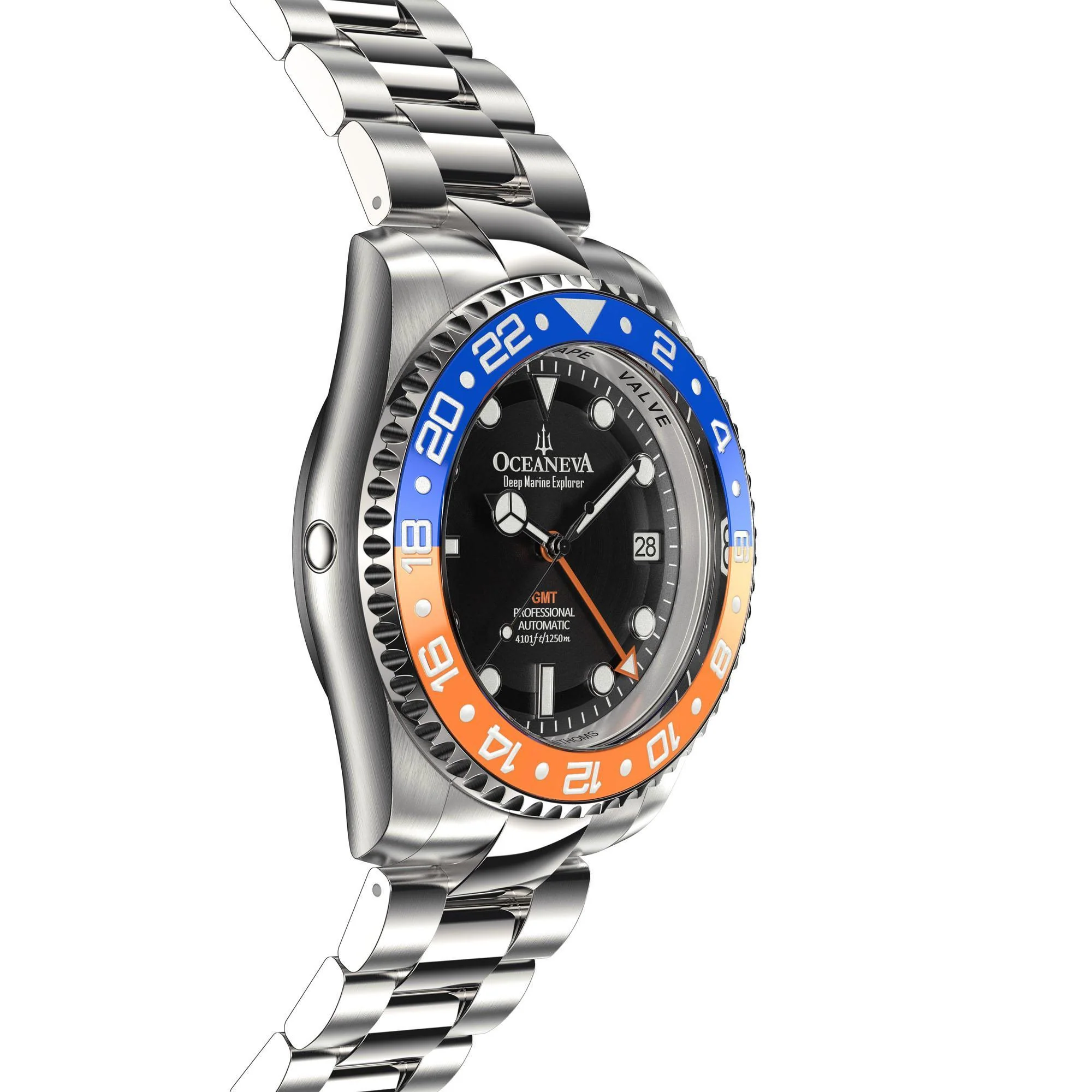 Oceaneva Men's GMT Automatic Deep Marine Explorer 1250M Pro Diver Blue Orange Bezel Watch thumbnail 2