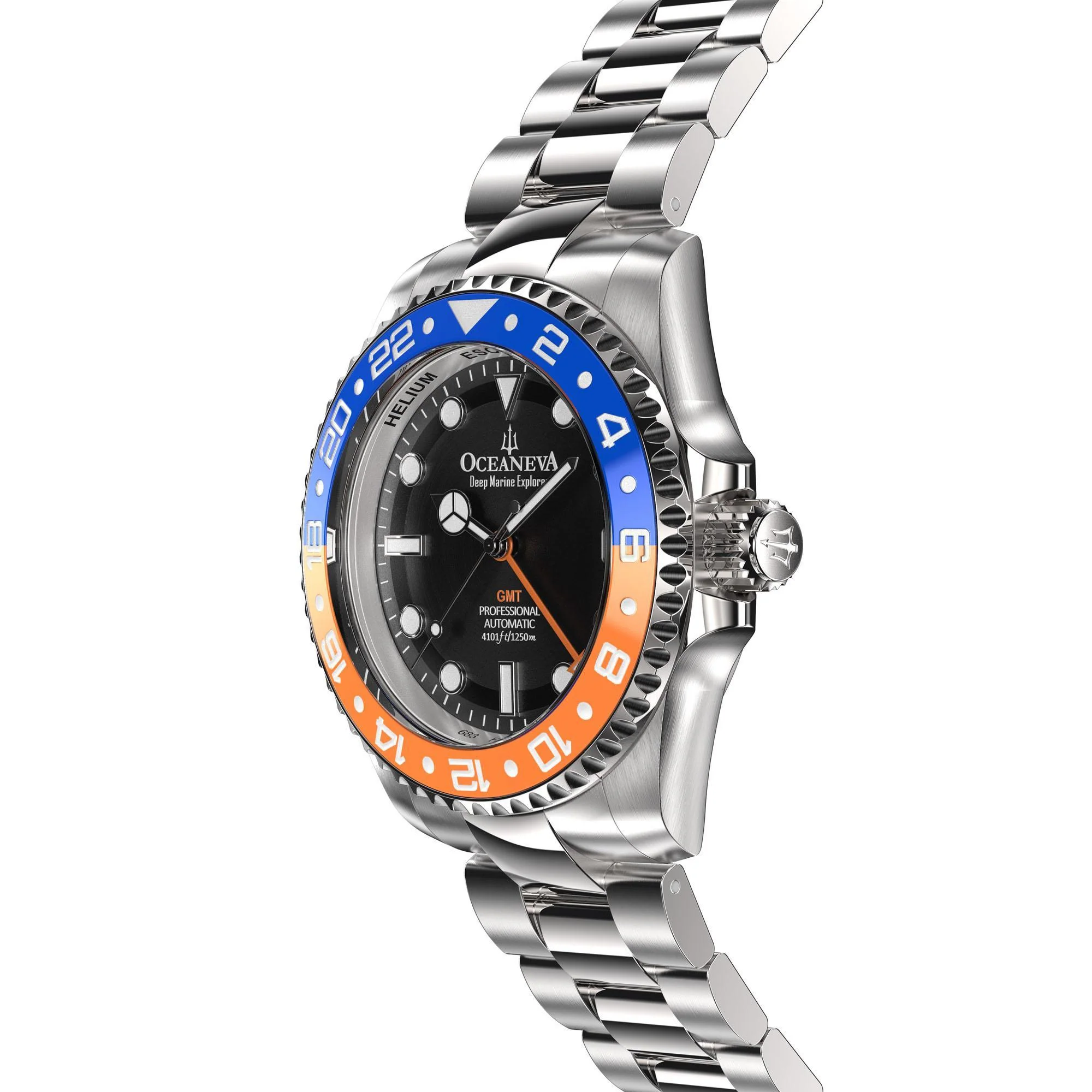 Oceaneva Men's GMT Automatic Deep Marine Explorer 1250M Pro Diver Blue Orange Bezel Watch thumbnail 3