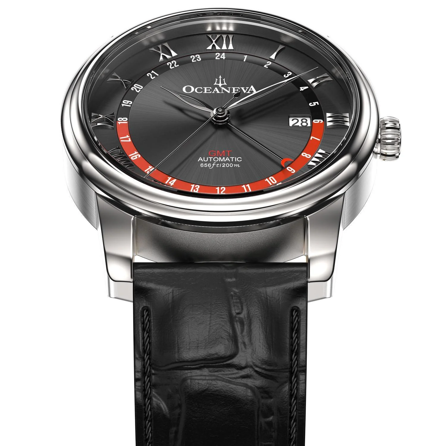 Oceaneva Men's OceanTrek GMT Automatic 200m Leather Watch Black thumbnail 2