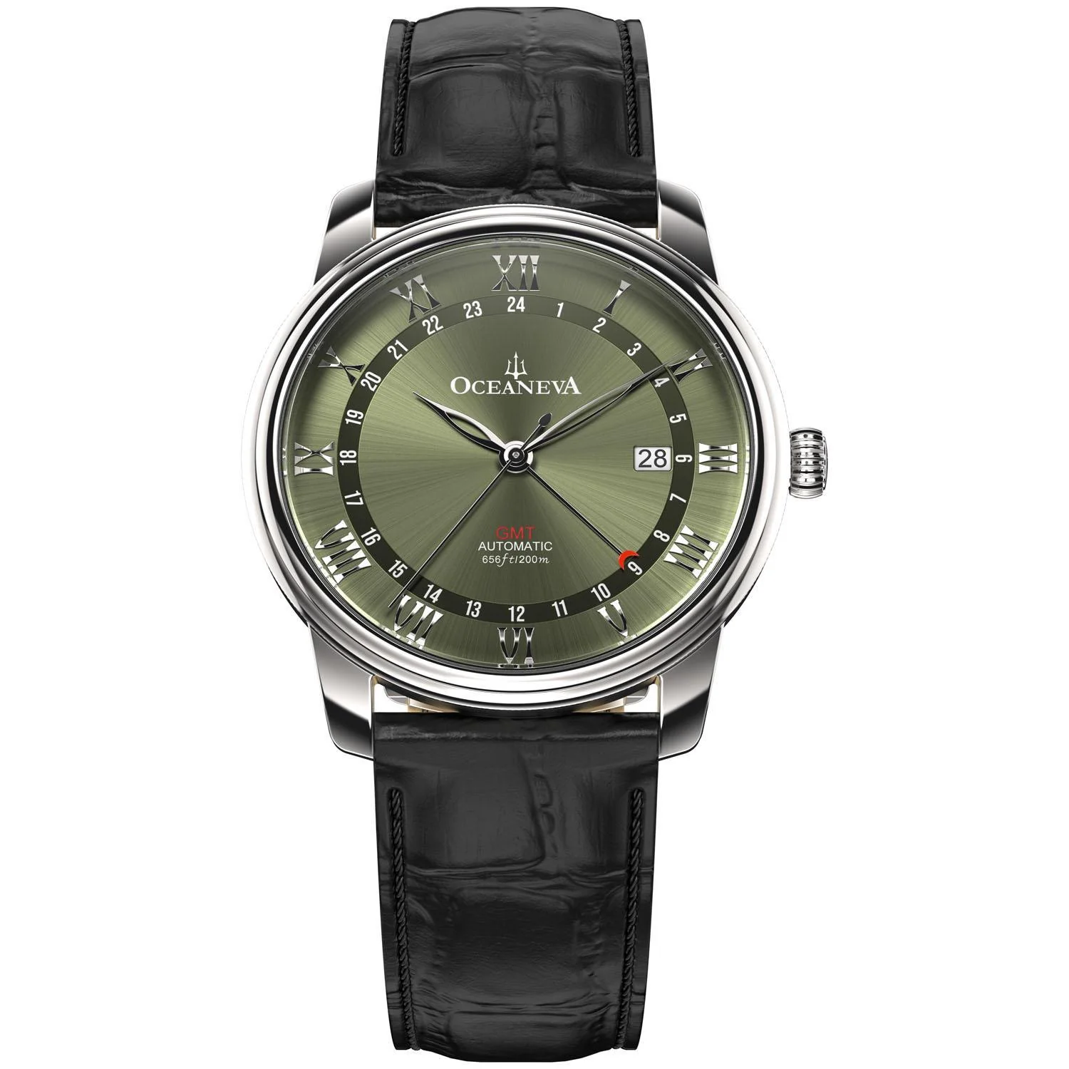 Oceaneva Men's OceanTrek GMT Automatic 200m Leather Olive Drab Watch selected view