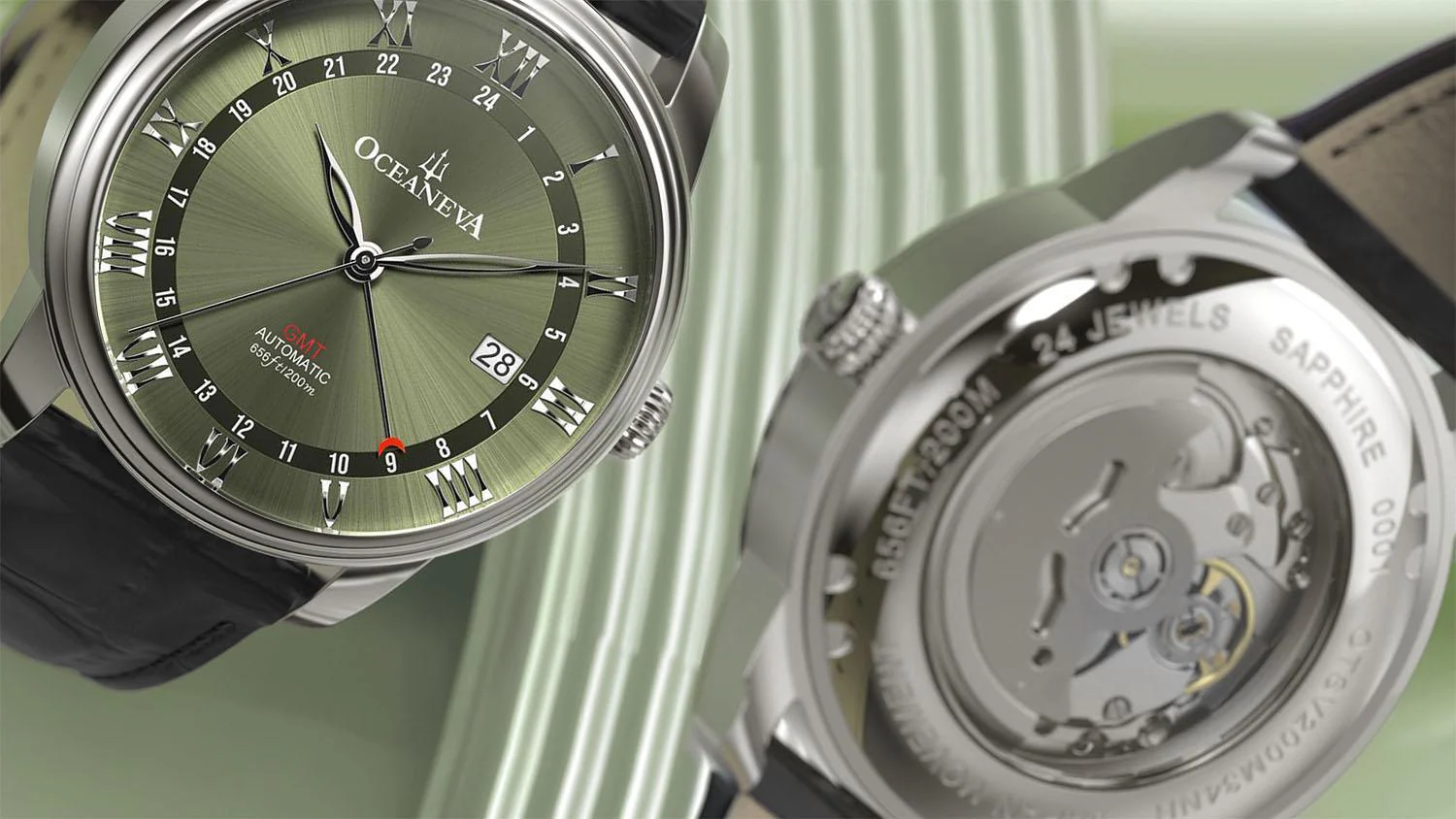 Oceaneva Men's OceanTrek GMT Automatic 200m Leather Olive Drab Watch thumbnail 2