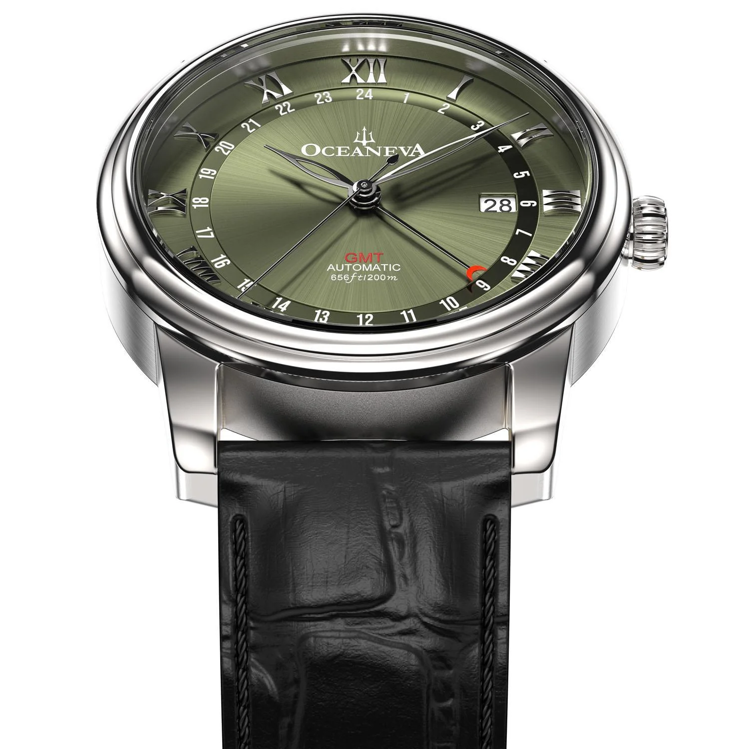 Oceaneva Men's OceanTrek GMT Automatic 200m Leather Olive Drab Watch thumbnail 3