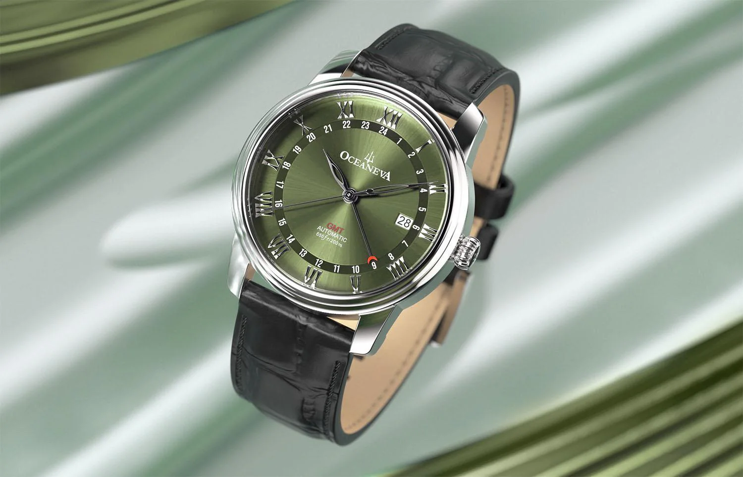 Oceaneva Men's OceanTrek GMT Automatic 200m Leather Olive Drab Watch thumbnail 4