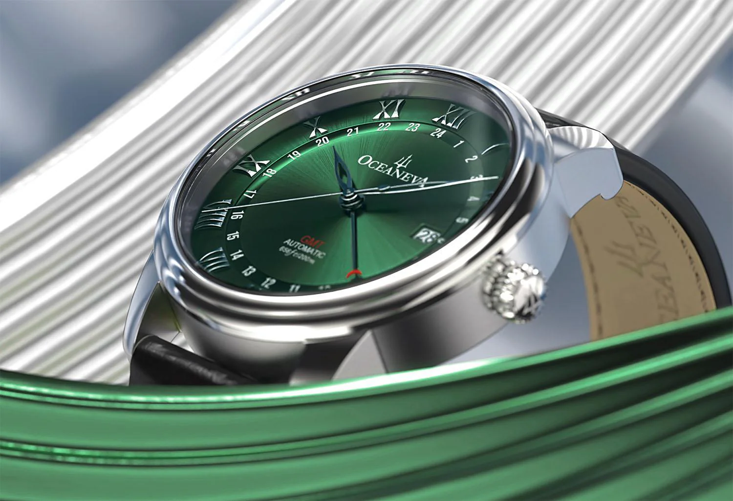 Oceaneva Men's OceanTrek GMT Automatic 200m Leather Green Watch thumbnail 3